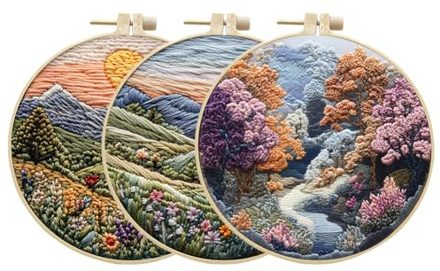3 uppsättningar broderi startkit för vuxen nybörjare med landskapsträd berg flod blommig natur landskap mönster handbroderi set gör-det-själv korsstygnskit med ringnålar