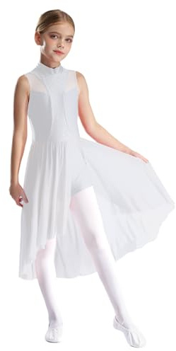 TTAO Vestido de ballet para niños y niñas, sin mangas, de gasa, con tutú, falda asimétrica, vestido de baile, maillot de gimnasia, ropa de danza moderna, Blanco, 110-116