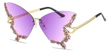 GWAWG Lunettes de Soleil Papillon Sans Monture Lunettes de soleil de Fête en diamantpour Femmes Hommes Lunettes de Soleil Tendance en Rhinestone Forme de Papillon (La couleur violette)
