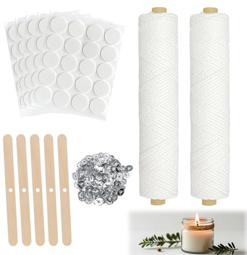 Bellanova 122m Kerzendocht, Kerzen Docht mit 100 Stück Dochthalter, Kerzen Sticker, Rauchfreier Gewebter Kerzendochte Set für DIY-Duftkerzen, Kerzenherstellung, Öllampen, Aromatherapie (2 STK.)