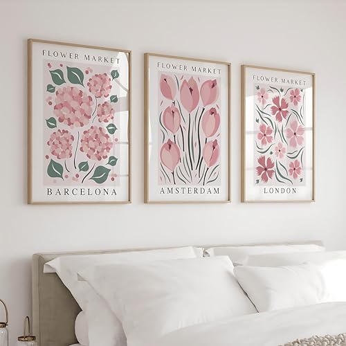 Set of 3 Flower Posters, Vintage Pink Flower Picture Posters & Art Prints, Teen Girl Bedroom Decor Wall Collages, Pink Aesthetic Picture Flowers (50 x 70 CM)