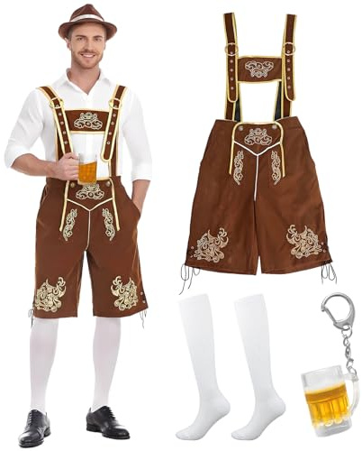 Tenue Oktoberfest pour Homme, Traditionnelle Costume Homme Oktoberfest avec Lederhosen Kniebund, Chaussettes Hautes et Porte-Clés Bouteille Bière, pour Halloween, Cosplay, Fête Et Festival Bière