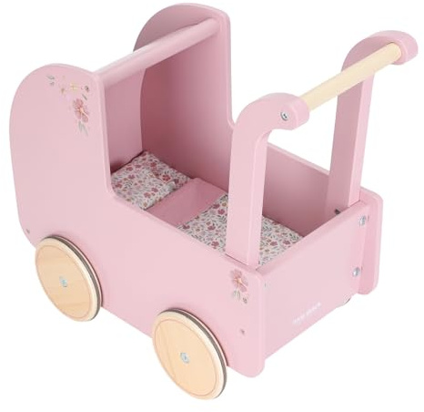 Little Dutch Cochecito para muñecas de madera, incluye ropa de cama, ruedas de goma, flores blandas, color rosa