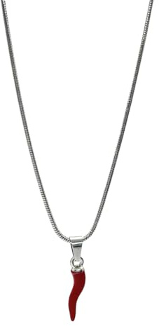 SiLo Bijoux Collana Donna Uomo Catena coda di Topo in Acciaio inox 316L con Ciondolo Corno Cornetto Rosso Peperoncino inossidabile anallergico (SILVER)