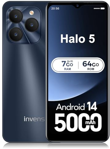invens Halo 5 Smartphone Pas Cher - 7 Go (4+3) RAM + 64 Go (TF 256 Go) Téléphone Portable Android 14, 6.52 Écran HD+, Batterie 5000mAh, 16MP + 8MP Telephone, 4G Dual SIM/GPS/Face ID/Empreinte/Type-C