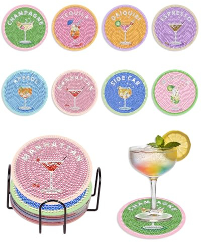 CULEB 8Pcs sous-Verre Diamond Painting,Dessous de Verre,Aperol Spritz Cadeaux pour Femme Cocktail Diamant Painting sous-Verre avec Tapis en Liège Support Verrouillage Accessoire de Peinture Diamant