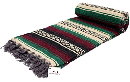 Open Road Goods Thick Mexican Blanket- Red/Maroon, and Green Tan/Brown Colors. Great as a Mexican Yoga Blanket, Beach Blanket, Picnic Blanket, or Throw