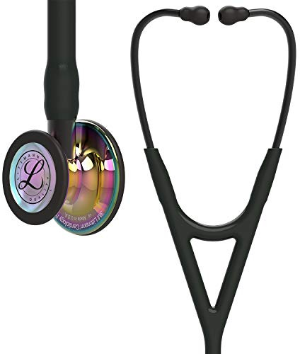 3M Littmann Cardiology IV Stethoskop für die Diagnose, 6240, hochglänzendes, regenbogenfarbenes Bruststück, schwarzer Schlauch, Schlauchanschluss und Ohrbügel in Rauchfarben, 69 cm