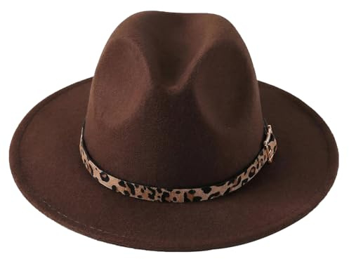 Bamboopack Sombrero clásico de moda de Manhattan Fedora Sombrero de fieltro sombrero de ala ancha sombrero de trilby sombrero de Panamá con cinturón de leopardo retro (café)