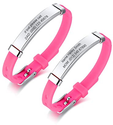 Packung mit 2 sortierten Farbe personalisierte Edelstahl weiches Silikon Kind Sicherheit ID Armbänder einstellbar Anti-Verlust ID Armbänder für Kind Mädchen Jungen