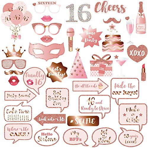 16th Birthday Party Photo Booth Props and Signs, Rose Gold 16 Birthday Party Selfie Props Kit with Sticks for Girls Women, Sweet Sixteen 16th Happy Birthday Party Decorations Supplies Favors