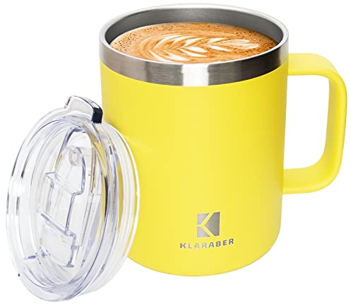 Klaraber Thermal Mug, Insulated Coffee Mug with Handle and Lid, Insulated Camping Mug, Double Walled Stainless Steel Beer Mug, Spill Proof, Reusable, 350ml / 12oz(Yellow)