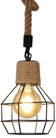 Pheashine Federung Vintage Pendelleuchte, Hängelampe Hanfseil Kronleuchter Metall Schwarz, Verstellbare Hängeleuchte Retro, Pendellampe Wohnzimmer Küche Bar