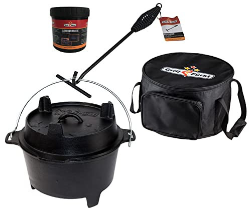 Grillfürst Dutch Oven ca. 6 Liter - stabil stehender Feuertopf durch speziell entwickelte T-Füße, hitzebeständiger Gusseisen Topf, Deckel nutzbar, DO6 inkl. Deckelheber, Tasche und Pflegepaste