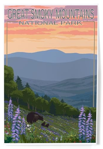 Lantern Press 8x12 Inch Art Print Wall Decor, Great Smoky Mountains National Park, Bear and Spring Flowers