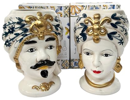 Par de cabezas de moro reina y rey de cerámica decorada estilo siciliano jarrones modernos gic (12 x 18 cm de altura, dorado)