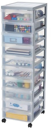 Iris Ohyama, Plastik-Aufbewahrungsturm, 10 Schubladen, 7L Schreibtisch, Intarsien-Griff, 4 abnehmbare Räder, DC-010, Grau- B29 x T40 x H100.5 cm