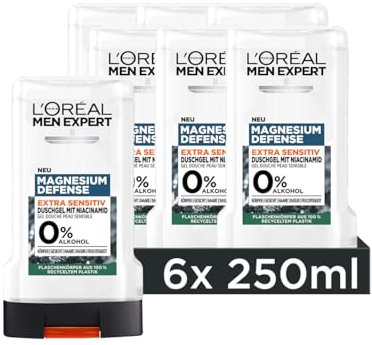 L'Oréal Men Expert Sensitiv Duschgel und Shampoo für Männer, Duschbad für Körper, Haar und Gesicht, Herren Körperpflege für empfindliche Haut mit Niacinamid ohne Alkohol, Magnesium Defense, 6 x 250 ml