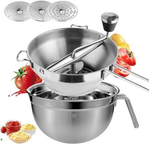 Moulin à légumes en acier inoxydable avec 3 tamis - Avec bol gourmet - Pour confitures, purées, soupes, sauces et aliments pour bébé - Bol mélangeur multifonction