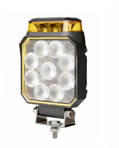 Phare de Travail LED avec Gyrophare LED 12V 24V 10W Faisceau Flood Blanc Feu de Recul Feu Antibrouillard + Feu de Pénétration Stoboscopique Flash Orange