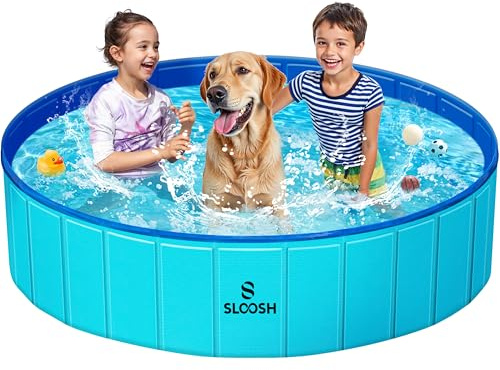 SLOOSH Foldable Dog Kiddie Pool - Portable Hard Plastic Doggie Swimming Pool, Anti-Slip Collapsible Pets Bath Tub Suitable for Kids Indoor Outdoor Backyard Use (Blue, 63 x 12)
