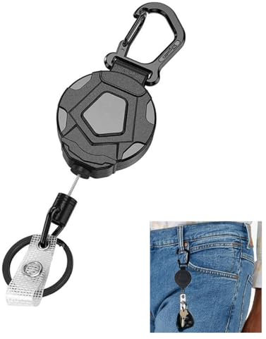 Llavero retráctil, 1 pieza de mosquetón resistente soporte para tarjetas de identificación táctica, llavero extensible con cuerda de acero retráctil de 65 cm, rodamiento de 8 oz (negro)