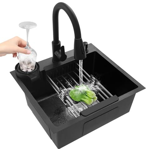 Fregadero de cocina con lavavajillas y 2 modos, grifo giratorio extensible, fregadero empotrado con fregadero empotrado, grifo cepillado, fregadero individual, fregadero silencioso empotrado, lavabo