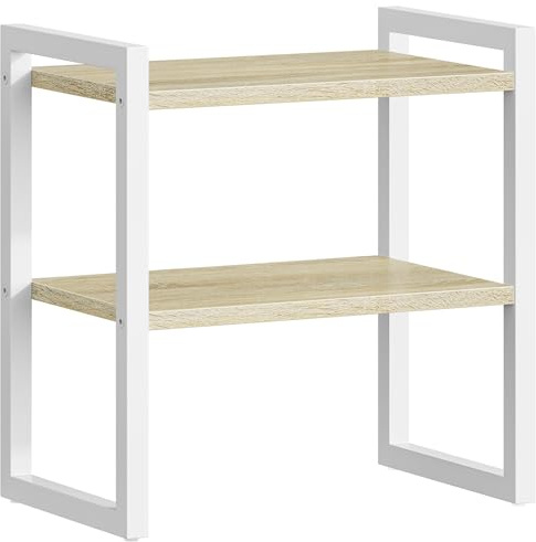 HOOBRO Scaffale da Scrivania a 2 Livelli, Organizer per Libri e Oggetti, Portaoggetti Mensola da Scrivania, per Ufficio, Studio, Cucina o Camera da Letto, Bianco e Naturale EWN37SJ01