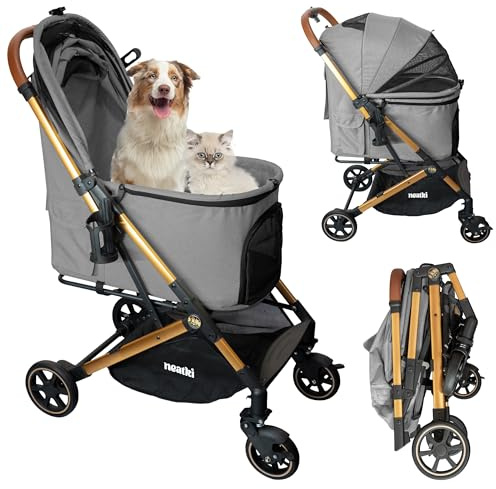 Neatki Cochecito plegable para perros y gatos | Capacidad de 15 kg | Ruedas delanteras giratorias de 360° | Plegado con un clic | Clips de correa y seguridad | Acolchado desmontable y lavable (Gris)