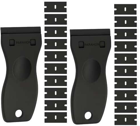 PARAHON Plastic Scraper with Blades | Multipurpose Non-Scratch Scrapers Tool Kit for Cleaning Labels, Decals, Stickers, Adhesive, Paint, Glass, Car Windows (2 Scraper with 20 Blades)