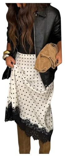 Verdusa Women's Polka Dots Lace Satin Skirt Elegant Midi Skirts Brunch Outfits White Medium