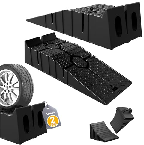 ACXIN 2 Stück Kunststoff Auffahrrampe pkw mit 2 Schwarz Unterlegkeile Anhänger, 2.5T Tragfähigkeit eines Paares, Kompressionsbasis, Rutschfestes Hangdesign, Verladerampe, 90 x 33 x 22,5 cm