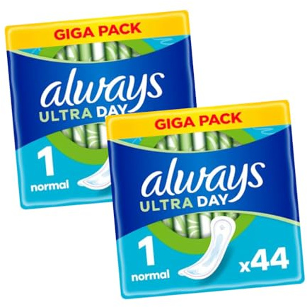 Always Ultra Day Sanitary Pads Size 1 Normal - 88 Pads (2 Packs of 44) Giga Pack for Reliable Daytime Protection and Comfort, 3× Protection and InstantDry Absorbency