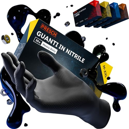 PRESCH Heavy Duty Guantes nitrilo Negro 50pz. (L - 9) - Guantes desechables con textura diamantada para extra agarre - Sin látex y polvo - Extra grueso y resistente al desgarro