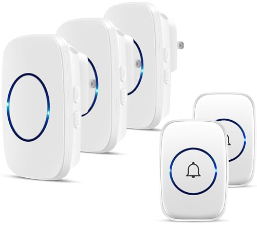 Wireless Doorbells, 1PlusOne White Waterproof Door Chime Kits Includes Push Button, Plug-in Receiver, Operating Over 1000 Feets Range, CD Quality Sound and LED Flash (2 Transmitter + 3 Receiver)