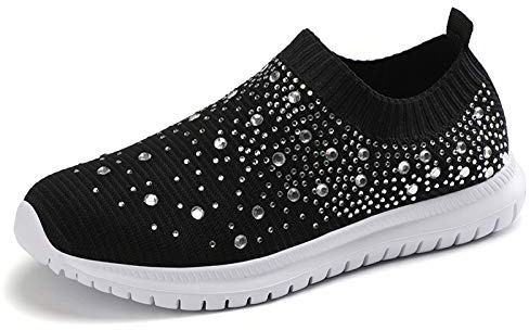 Women's Mesh Walking Shoes Rhinestone Glitter Slip On Ballroom Jazz Latin Dance Sock Sneakers Black 9