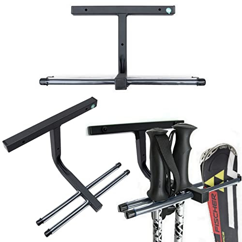 QLS Skihalterung Wand Skihalter für 2 Paare 30 cm Nordic Walking Trekking Stöcke Skiträger Hakenleiste mit schützender Gummierung zur platzsparenden Aufbewahrung N4 2