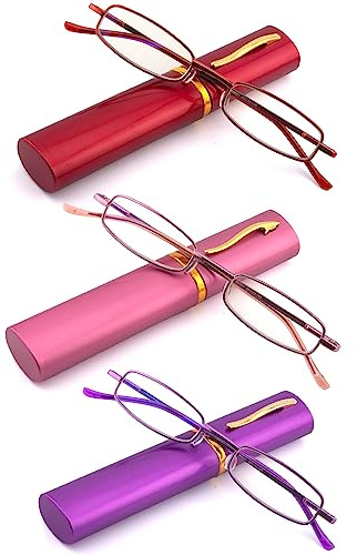 SOPHILY 3 Pack Slim Pocket Reading Glasses for Men Women Blue Light Blocking Compact Readers Spring Hinge Metal Frame, Red Pink Purple Eyeglasses with Portable Pen Clip Tube Case, 1.75