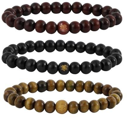 MILAKOO - Braccialetto Mala elastico in legno, stile tibetano/buddista, per meditazione e preghiera, con perline, da uomo, 6/8 mm, 16 à 17.8 cm, Legno