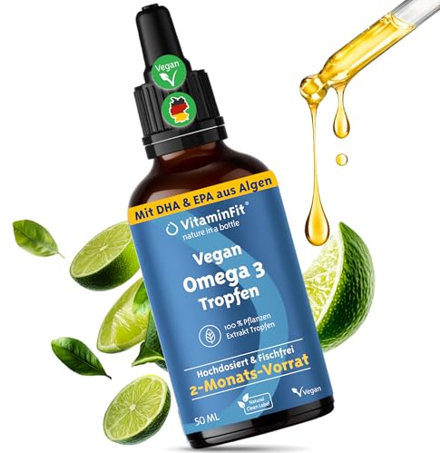 Omega-3 Tropfen Vegan – ohne Fischgeschmack – DHA & EPA – Omega-3l aus nachhaltiger Algenöl 400 mg DHA und 148 mg EPA pro Tag – Hohe Dosierung – Vorrat für 2 Monate (50 ml)