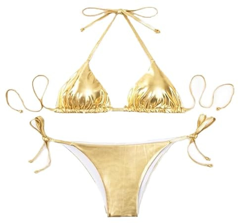 THSCWY Maillot de bain deux pièces pour femmes avec top halter métallique à cordon latéral et triangle avec rembourrage, doré, Taille M
