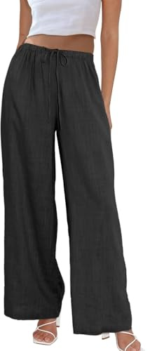 Duyang Womens Cotton Linen Palazzo Pants Drawstring Elastic Waist Casual Wide Leg Trousers with Pockets(Black,M)