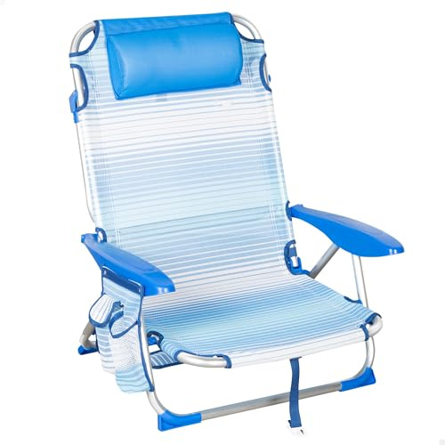 AKTIVE Chaise de Plage Pliante, 4 Positions, Rayures Bleues, 51X45X76 cm, Coussin Rembourré Inclus, Poche latérale, Poignées, Supporte 110 kg, Anti-Bascule, Multi-Positions, Dossier Inclinable (62671)