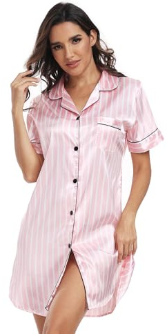 North Bund Chemise De Nuit Femme Manches Courtes Robe Sexy Col en V Bouton Devant Vêtements Nuisette Satin Shirt Pyjama Maternité Allaitement RoseBlanc XXL