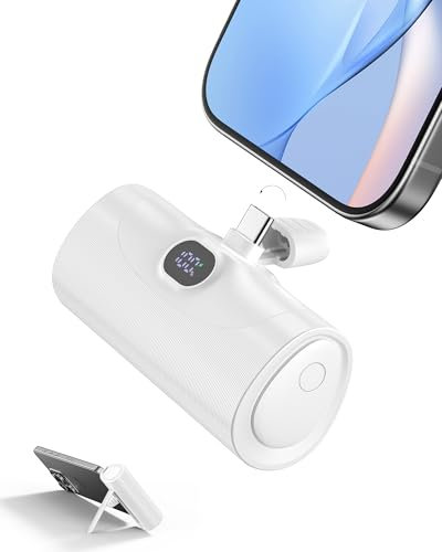 Mini Universal Bateria Externa Carga Rapida Power Bank, 5000mAh Cargador Portatil Movil con Soporte Integrado, Powerbank Conector USB-C Plegable Compatible Samsung iPhone 15/16 Android, Blanco Puro