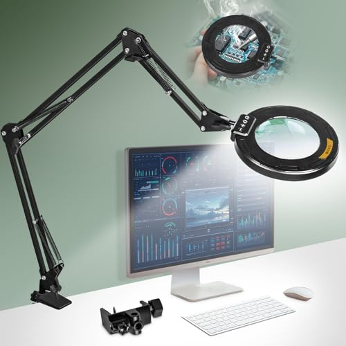NUEYiO Ultra Long 3-Section Swing Arm 12X Magnifying Glass with Light and Stand, 4-way Large Strong Metal Clamp Lighted Magnifier Lamp, 5 Color Modes LED Magnifying Lamp for Workbench, Crafting, Hobby