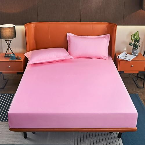 Epinki Spannbettlaken & 2er Kissenbezüge 200x220cm Set 3teilig Dünn, Spannbetttücher Einfarbig Rose Textilien Klassische, Baumwolle Spannbettuch Laken für Boxspringbett & Wasserbett