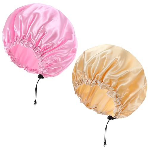 Wiederverwendbare 2-lagige Duschhaube 2 Stücke Wasserdichte Duschhaube Verstellbare Damen-Haarhaube Große Badehaube für Mädchen zum Duschen Spa Salon Make-up Reisen Alle Arten Von langem Dickes Haar