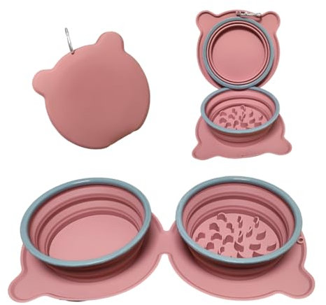 Comedero Bebedero portatil 2 en 1 Doble Regulable Plegable de Viaje para Perros y Gatos Cuenco Doble Silicona antideslicante con mosqueton Free BPA Perros Grande medianos