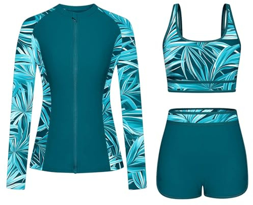 3-Piece Rash Guard Swimsuits for Women UV UPF 50+ Long Sleeve Wetsuit Swimming Costume Zip Boyshort Bikini Set Modest Swimwear Sun Protection Swim Shirt Bikini Tops Surfing Bathing Suit